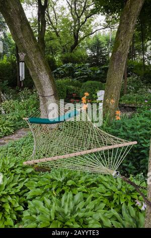 Hosta plants, orange Hemerocallis - Daylilies and fishnet hammock tied to two tree trunks in front yard garden in summer. Stock Photo