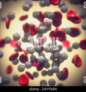 Virus COVID-19, Coronavirus, group of viruses attacking red blood cells. In humans, the virus causes respiratory infections. 3D illustration. Stock Photo