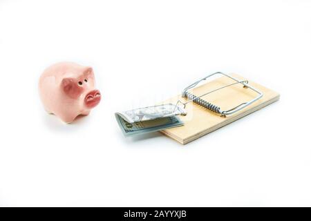Businessman trap,businessman failure,businessman on mousetrap on white background. Stock Photo