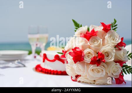 Wedding bouquet with the sea in background Stock Photo