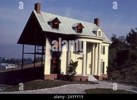 Burning house set at Universal Studios in Los Angeles, CA Stock Photo