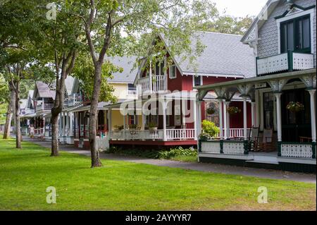 Victorian gingerbread cottages in Oak Bluffs on Martha’s Vineyard, Massachusetts, USA. Stock Photo
