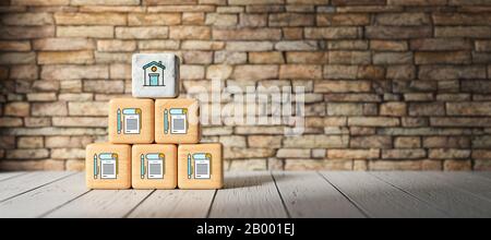 cubes with contract icons in front of brick wall on wooden floor - 3D rendered illustration Stock Photo