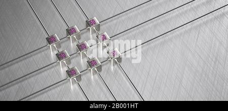 cube grid on brushed aluminum background with 5G symbols symbolizing connected network nodes - 3d rendered illustration Stock Photo