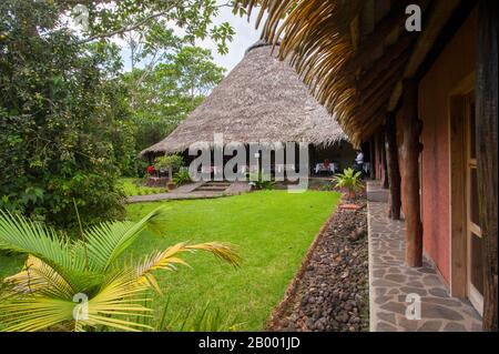 View of the restaurant at the Sarapiqui Rainforest lodge in Virgen de Sarapiqui in Costa Rica. Stock Photo