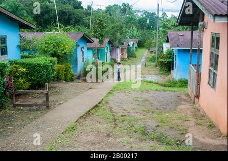 A village scene at a Maleku tribe Indian village near the town of Fortuna in Costa Rica. Stock Photo