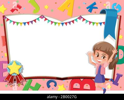 Banner template with happy girl and alphabets design in background illustration Stock Vector