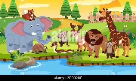 Scene with many animals standing by the river illustration Stock Vector ...