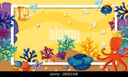 Frame design with sea creatures swimming under the ocean background illustration Stock Vector
