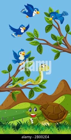 Scene with many animals in the park illustration Stock Vector