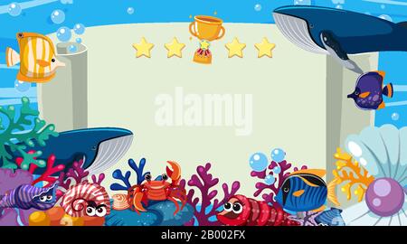 Banner template with sea creatures swimming in the ocean illustration Stock Vector