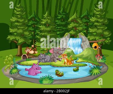 Scene with many wild animals in the forest illustration Stock Vector
