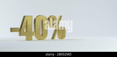 brass text "-40%" on white background - 3D rendered illustration Stock Photo