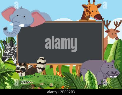 Blackboard template design with wild animals in the park illustration ...