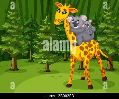 Scene with giraffe and koala in the forest illustration Stock Vector