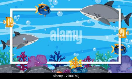 Frame template design with sea creatures  under the ocean illustration Stock Vector