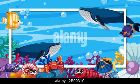 Frame template design with sea creatures  under the ocean illustration Stock Vector