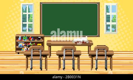 Classroom scene with board and desks illustration Stock Vector