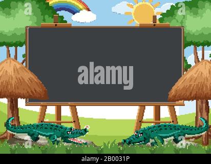 Blackboard template design with crocodiles in the river illustration ...
