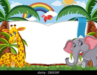 Scene with big blank book and wild animals in background illustration Stock Vector