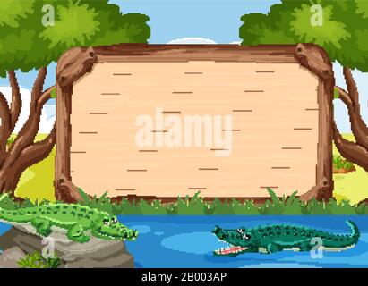 Wooden sign template with crocodiles in the park illustration Stock Vector