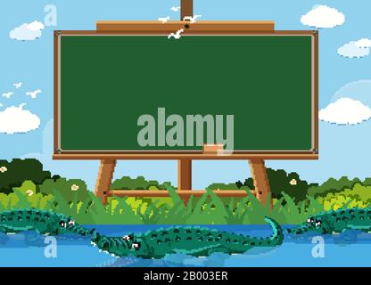 Blackboard template design with crocodiles in the river illustration ...