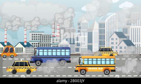 Scene with cars and factory buildings making dirty smoke in the city illustration Stock Vector