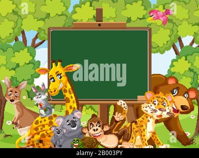 Blackboard template design with wild animals in the park illustration ...