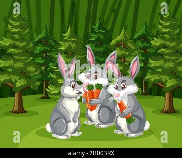 Scene with three bunnies eating carrots in the big forest illustration Stock Vector