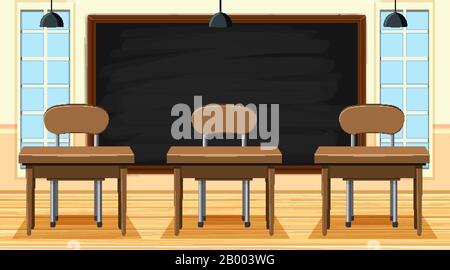 Classroom scene with blackboard and desks illustration Stock Vector