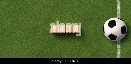 number 2020 on cubes lying on green grass background - 3D rendered illustration Stock Photo