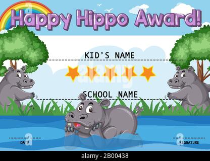 Certificate template for happy award with hippo in background illustration Stock Vector