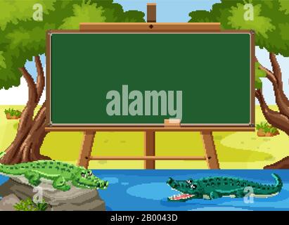 Blackboard template design with crocodiles in the river illustration ...