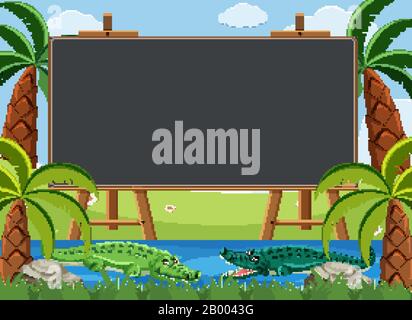 Blackboard template design with crocodiles in the river illustration ...