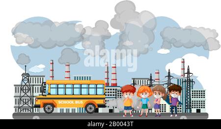 Scene with cars and factory buildings making dirty smoke in the city illustration Stock Vector