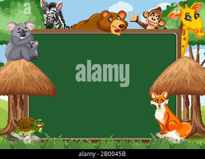Blackboard template design with wild animals in the park illustration ...
