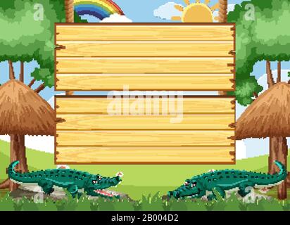 Wooden sign template with crocodiles in the park illustration Stock Vector