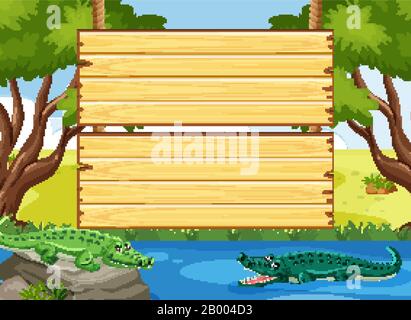 Wooden sign template with crocodiles in the park illustration Stock Vector