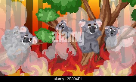 Scene with big wildfire in the forest  illustration Stock Vector