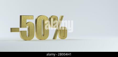 brass text "-50%" on white background - 3D rendered illustration Stock Photo