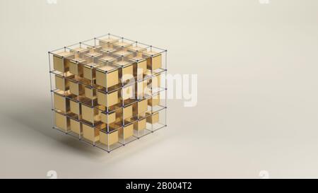 cube grid with different sized gold boxes, symbolizing a bank vault or a storage system - 3D rendered illustration Stock Photo