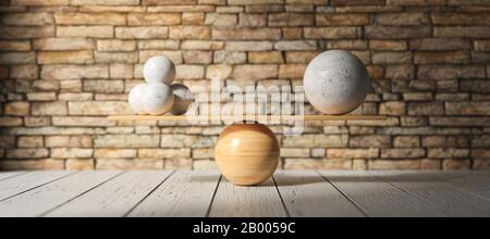 wooden scale balancing one big ball and four small ones on wooden floor - 3D rendered illustration Stock Photo