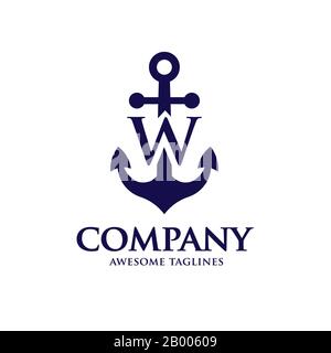 creative initial letter W with Anchor blue color logo vector concept Stock Vector