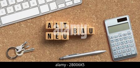 office items and blocks with a German crossword like message for 'old building - new building' on cork background Stock Photo