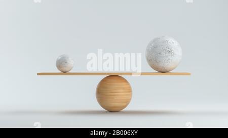 wooden scale balancing one big ball and one small ball in front white background - 3D rendered illustration Stock Photo