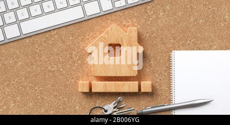 house symbol on cork background with office items Stock Photo