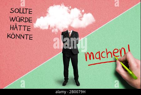 businessman with a cloud as a head with German words for "should, would, could, do!" on paper background Stock Photo