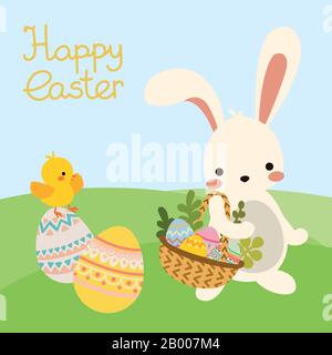 Vector easter bunny with basket, eggs. Landscape Stock Vector
