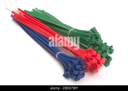 Colorful heap of cable ties on white background Stock Photo