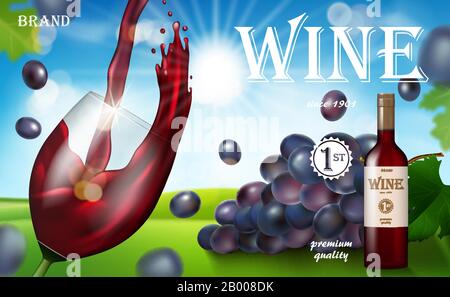 Red wine ad, glass bottle with grape on sunny background design. Transparent wine glass with splash for Brochure, poster, promotion banner, menu. 3d Stock Vector